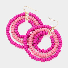 Wood Ball Cluster Triple Open Circle Link Dangle Earrings