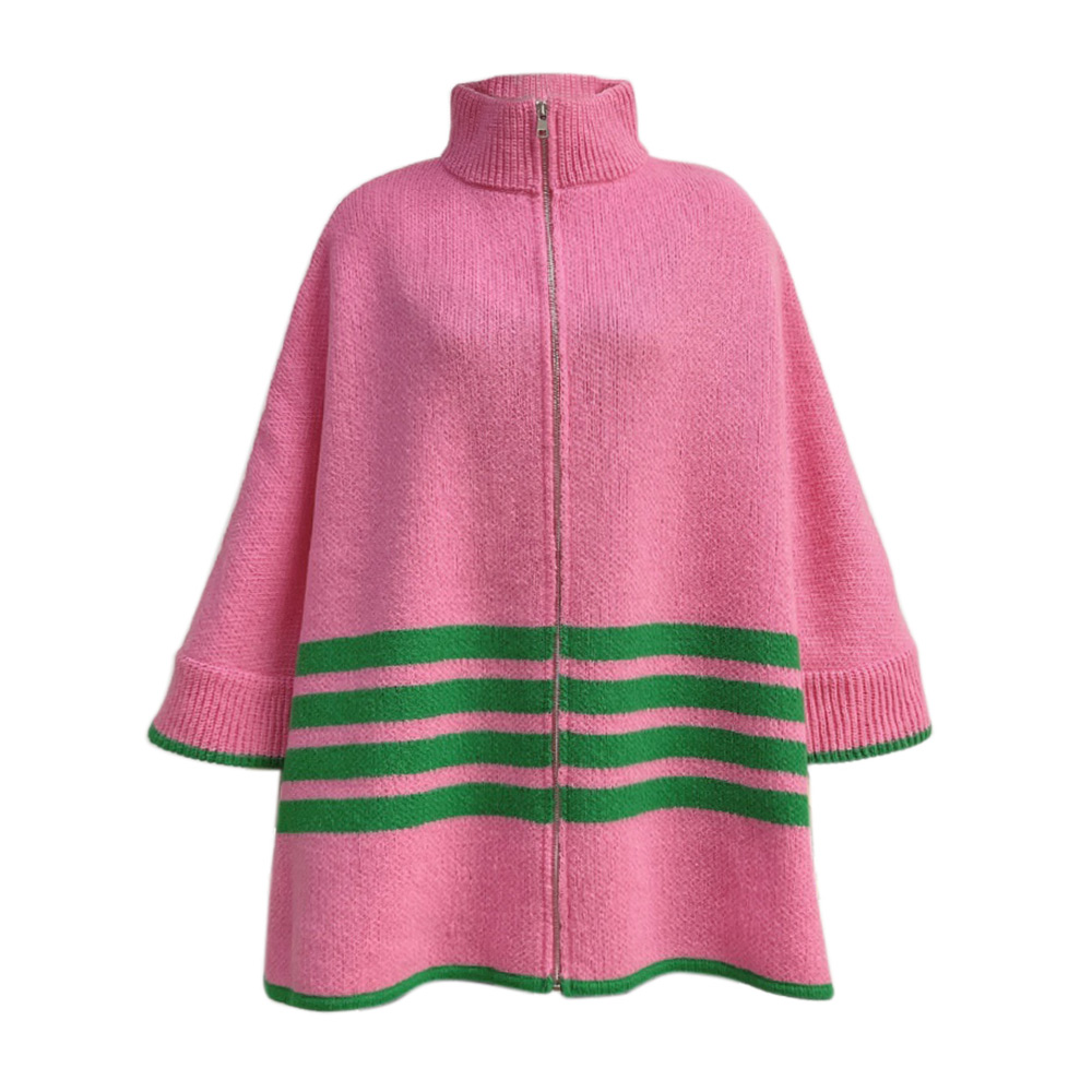 Sporty Bordered Zip Up Knit Cape Poncho