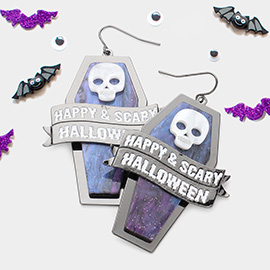 Happy and Scary Halloween Message Skull Glittered Resin Tomb Dangle Earrings