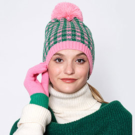 Check Patterned Pom Pom Beanie Hat