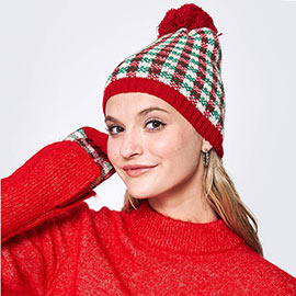 Check Patterned Pom Pom Beanie Hat
