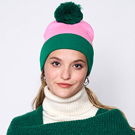 Color Block Ribbed Pom Pom Beanie Hat