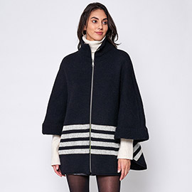 Sporty Bordered Zip Up Knit Cape Poncho
