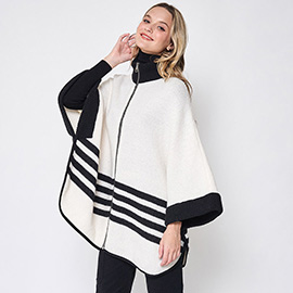 Sporty Bordered Zip Up Knit Cape Poncho