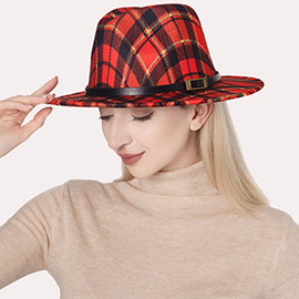 Plaid Check Patterned Faux Leather Band Fedora Hat
