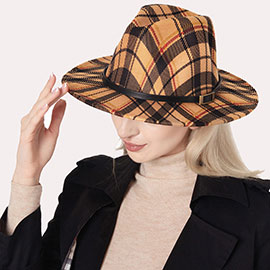Plaid Check Patterned Faux Leather Band Fedora Hat