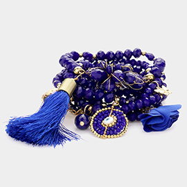 7PCS - Beaded Flower Fabric Petal Evil Eye Butterfly Tassel Charm Stretch Bracelets