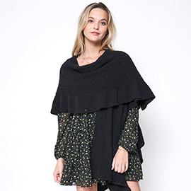 Reversible Ruffle Sleeves Knit Ruana Poncho