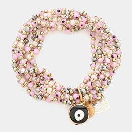 Evil Eye Metal Heart Coin Charm Multi Layered Stretch Bracelet