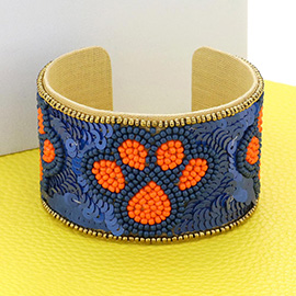 Game Day Sequin Seed Beaded Paw Accented Cuff Bracelet