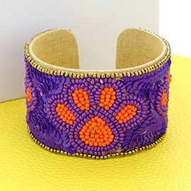 Game Day Sequin Seed Beaded Paw Accented Cuff Bracelet