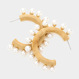 Pearl Trimmed Wood Hoop Earrings