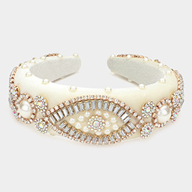 Pearl Stone Embellished Evil Eye Accented Padded Headband