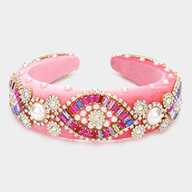 Pearl Stone Embellished Evil Eye Accented Padded Headband