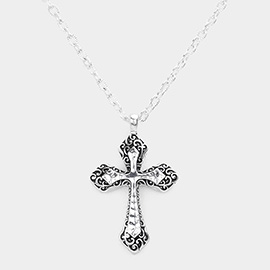 Embossed Antique Metal Cross Reversible Pendant Necklace