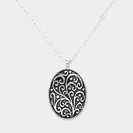 Embossed Antique Metal Oval Reversible Pendant Necklace