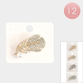 12PCS - Pearl Pointed Rhinestone Embellished Feather Pin Brooches