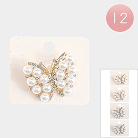 12PCS - Pearl Rhinestone Embellished Butterfly Pin Brooches