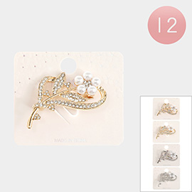 12PCS - Pearl Rhinestone Embellished Flower Pin Brooches
