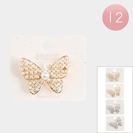 12PCS - Pearl Rhinestone Embellished Butterfly Pin Brooches