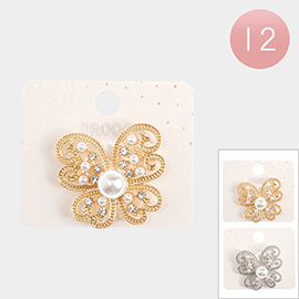12PCS - Pearl Rhinestone Embellished Butterfly Pin Brooches