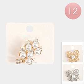 12PCS - Pearl Rhinestone Embellished Leaf Pin Brooches