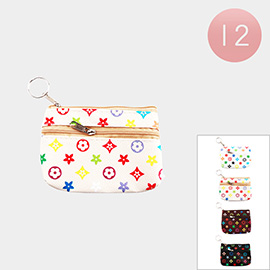 12PCS - Patterned Faux Leather Coin Purse Keychains