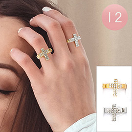 12PCS - Rhinestone Embellished Cross Stainless Steel Rings