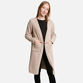Solid Front Pockets Long Cardigan