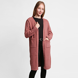 Solid Front Pockets Long Cardigan