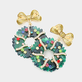 Glittered Bow Stone Embellished Wreath Link Dangle Earrings