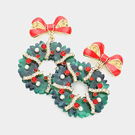 Enamel Bow Stone Embellished Wreath Link Dangle Earrings