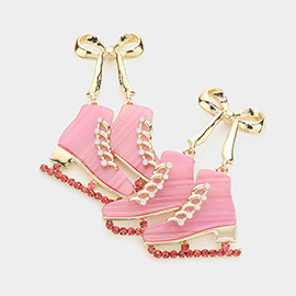 Metal Bow Stone Embellished Celluloid Acetate Skate Link Dangle Earrings