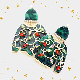 Teardrop Stone Embellished Celluloid Acetate Christmas Sweater Dangle Earrings