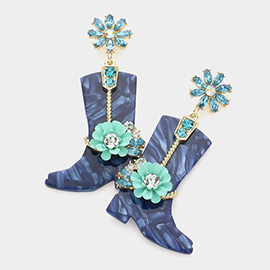 Flower Embellished Celluloid Acetate Western Boots Dangle Earrings
