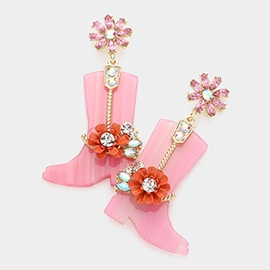 Flower Embellished Celluloid Acetate Western Boots Dangle Earrings
