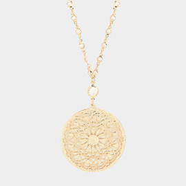 Filigree Floral Metal Round Pendant Long Necklace