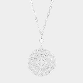 Filigree Floral Metal Round Pendant Long Necklace