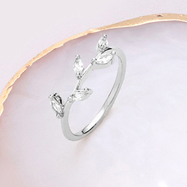Brass Metal Marquise Stone Embellished Leaf Ring