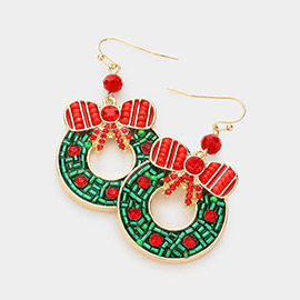 Stone Bead Embellished Christmas Wreath Dangle Earrings