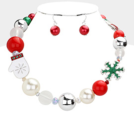Christmas Sock Glove Snowflake Pearl Beaded Necklace