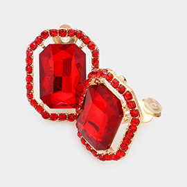 Rhinestone Trim Octagon Stone Center Evening Clip on Earrings