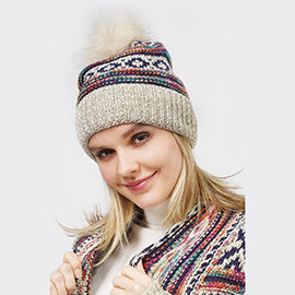 Ethnic Patterned Knit Pom Pom Beanie Hat