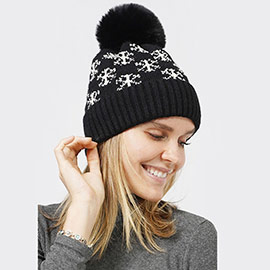 Snowflake Patterned Faux Fur Lining Knit Pom Pom Beanie Hat