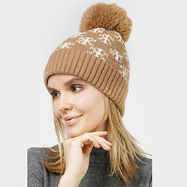 Snowflake Patterned Faux Fur Lining Knit Pom Pom Beanie Hat