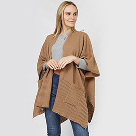 Solid Knit Front Pockets Vest Poncho