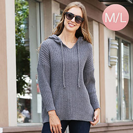 Solid Colored Ribbed Drawstring Hoodie Sweater