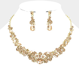 Multi Stone Embellished Leaf Cluster Evening Necklace