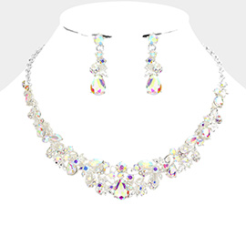 Multi Stone Embellished Leaf Cluster Evening Necklace