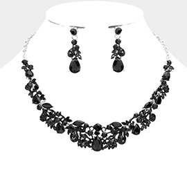 Multi Stone Embellished Leaf Cluster Evening Necklace